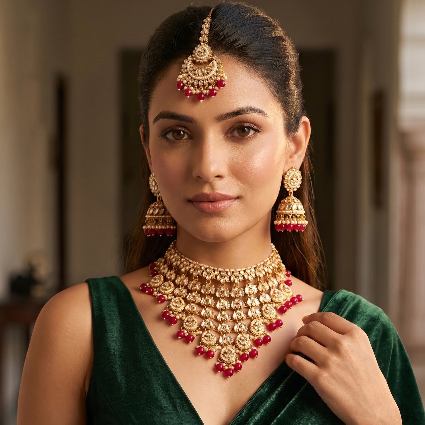 Shameena premium antique gold kundan plunging choker necklace set featuring multi tier tracks of clear dabi stones a dense cascading fringe of white pearls matching dome jhumka earrings and a crescent maang tikka