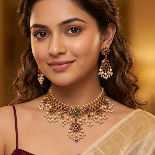 Qavithri Guttapushalu Temple Necklace Set - Pink & Green