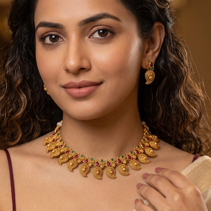 Amrapali Leaf Lakshmi Temple Necklace Set - Golden