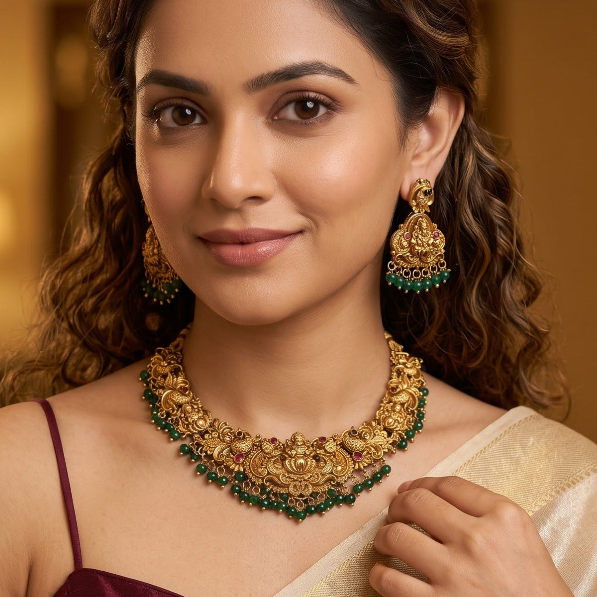 Shreedha Lakshmi Temple Motif Necklace Set - Green