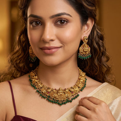 Shreedha Lakshmi Temple Motif Necklace Set - Green
