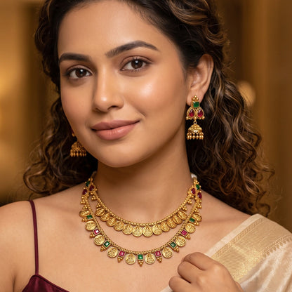 Padma Lakshmi Coin Double Layer Temple Necklace Set - Pink & Green