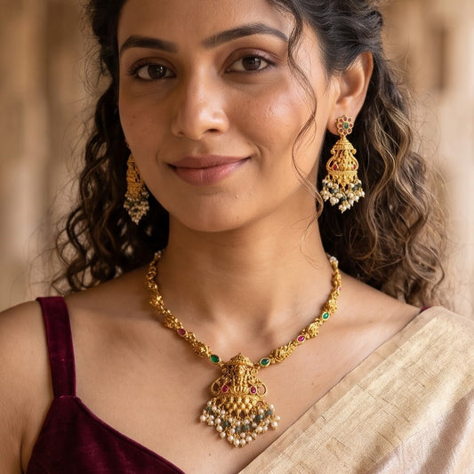 Krishi Lakshmi Temple Pendant Necklace Set - Green & Pink
