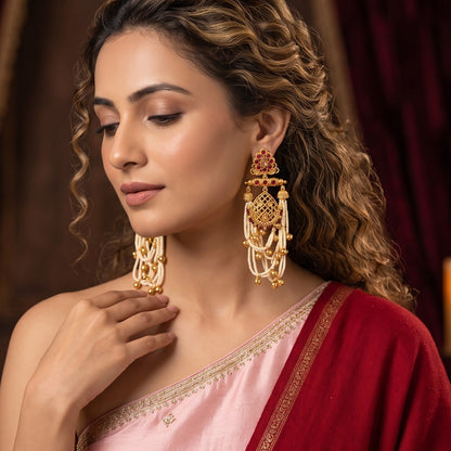 Shambhavi Premium Kashmiri Brass Pearl Chandbali Earrings - Ruby Pink