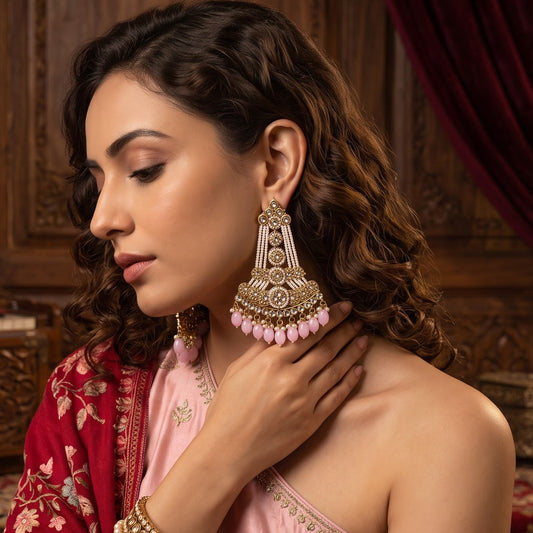 Pastel Pink Kinza Kundan Pearl Chandbali Earrings