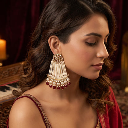 Maroon Nikhat Kundan Pearl Chandbali Earrings