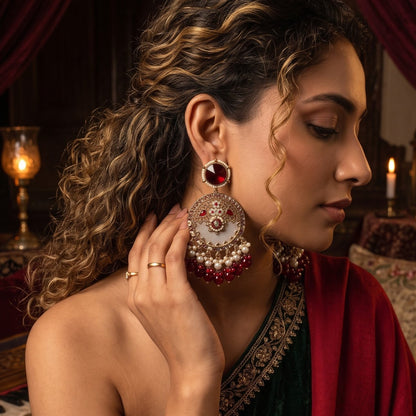 Maroon Pallavi MOP Pearl Menakari Chandbali Earrings