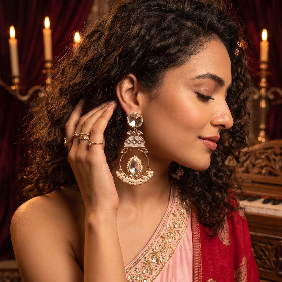 Golden Nishi Kundan Ganthan Chandbali Earrings