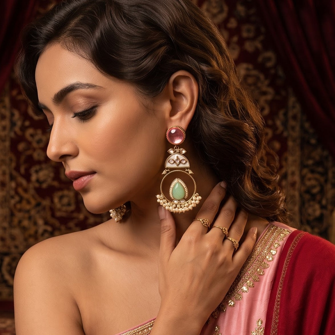 Pastel Pink & Green Nishi Kundan Ganthan Chandbali Earrings