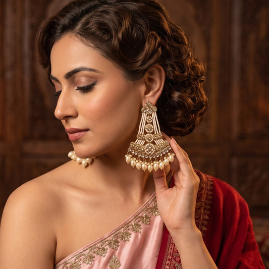 Golden Kinza Kundan Pearl Chandbali Earrings