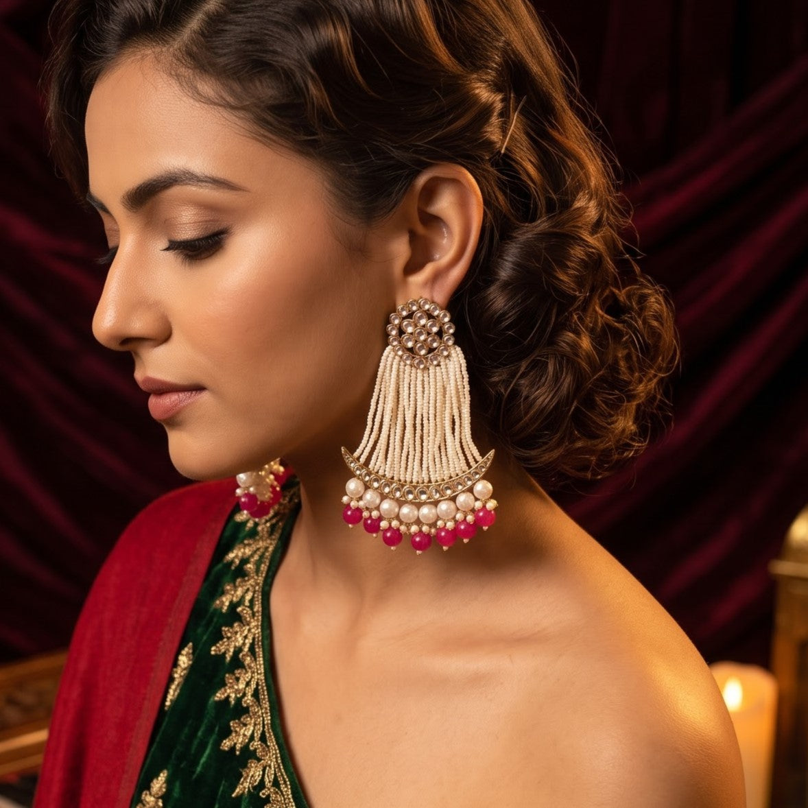 Pink Nikhat Kundan Pearl Chandbali Earrings