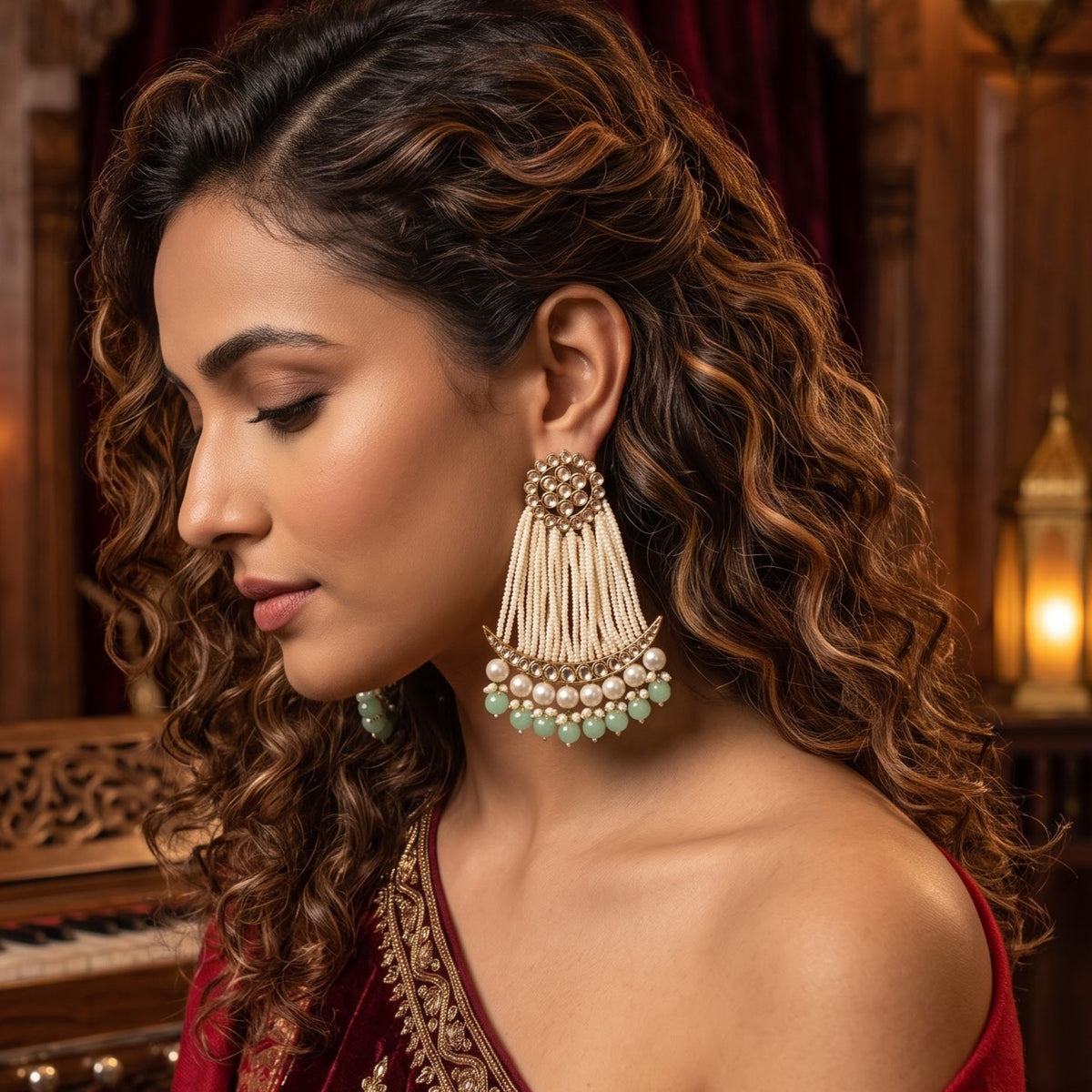 Pastel Green Nikhat Kundan Pearl Chandbali Earrings