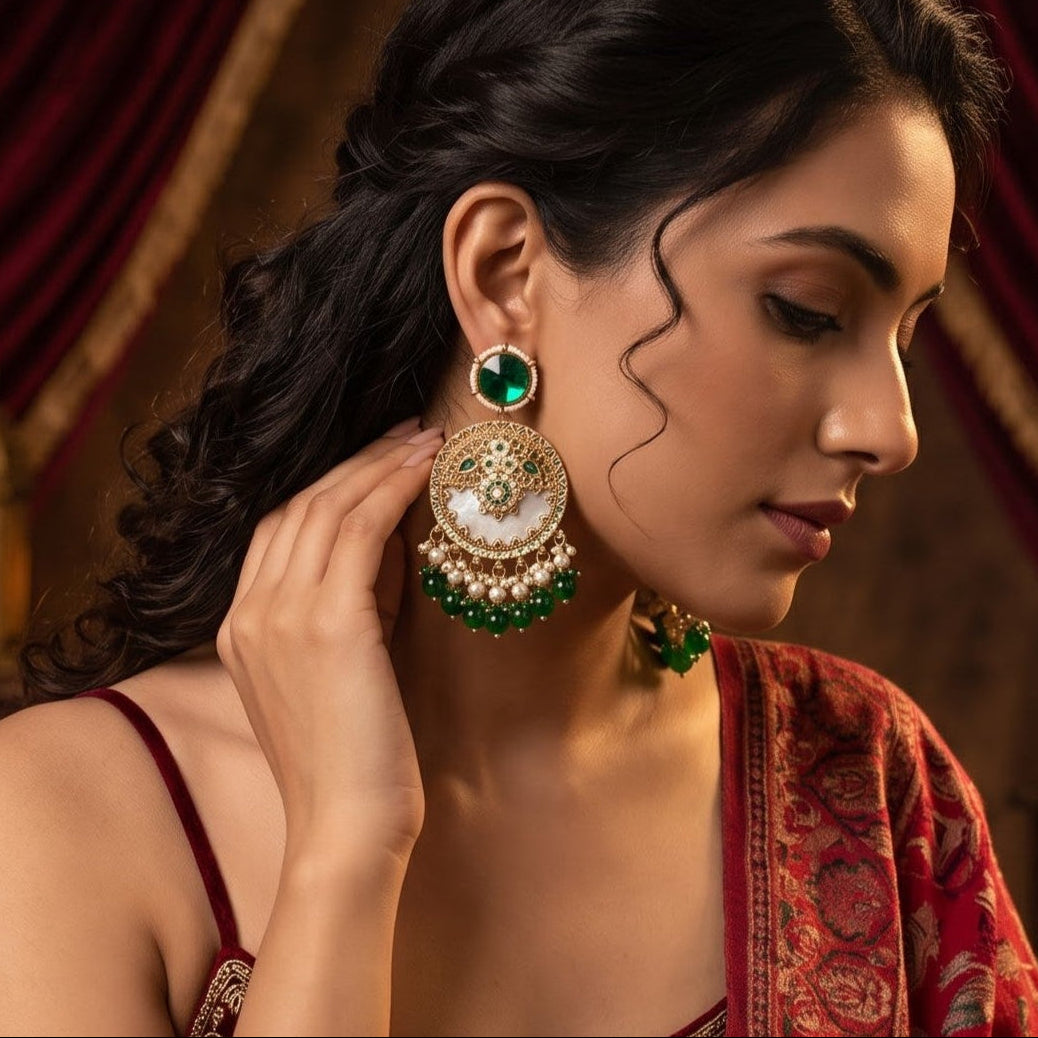 Green Pallavi MOP Pearl Chandbali Earrings