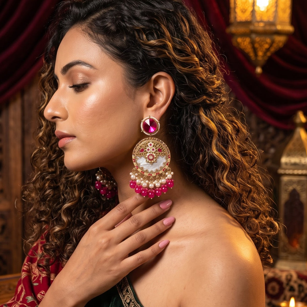 Pink Pallavi MOP Pearl Meenakari Chandbali Earrings
