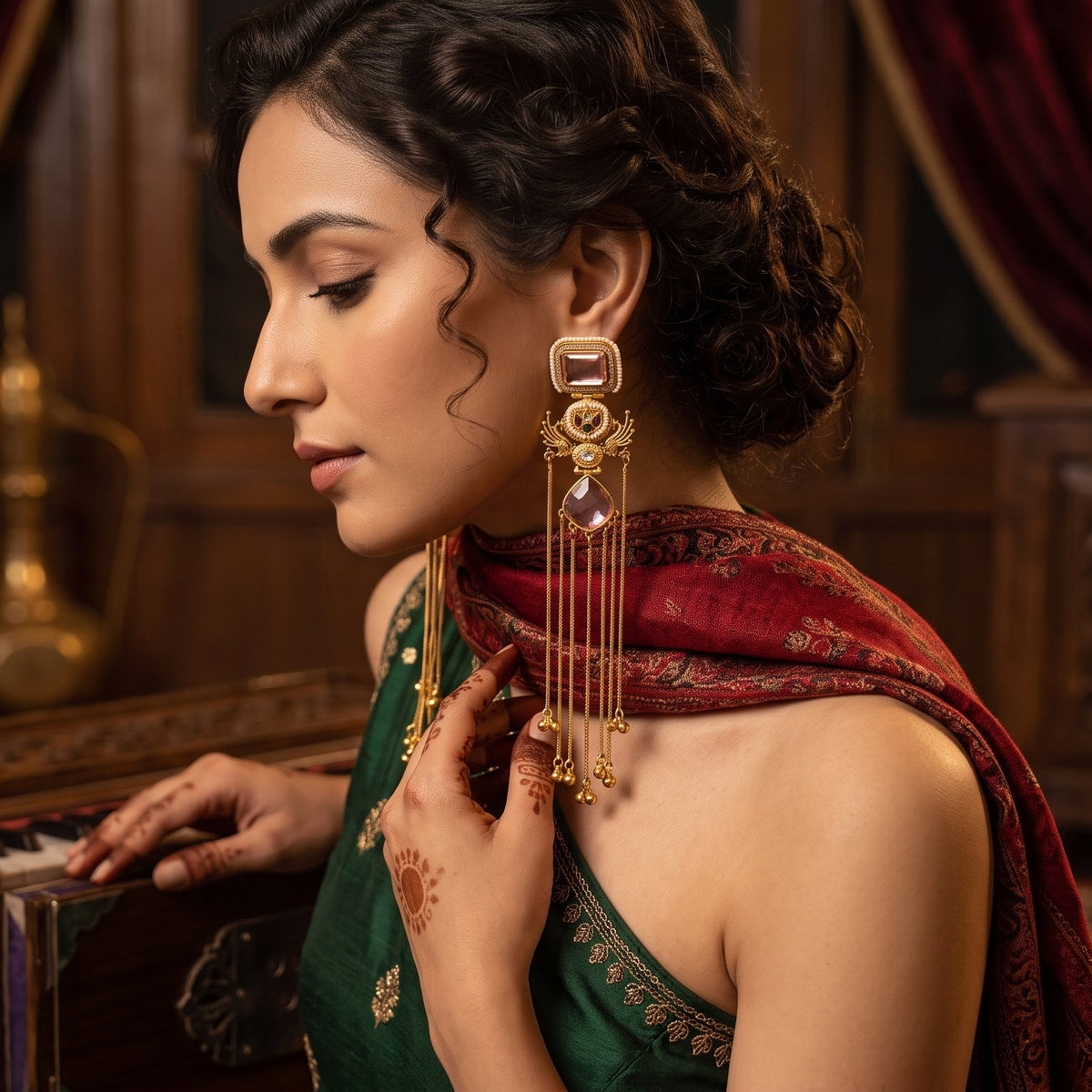 Rushali Premium Kashmiri Brass Doublet Stone & Ad Work Earring - Pastel Pink