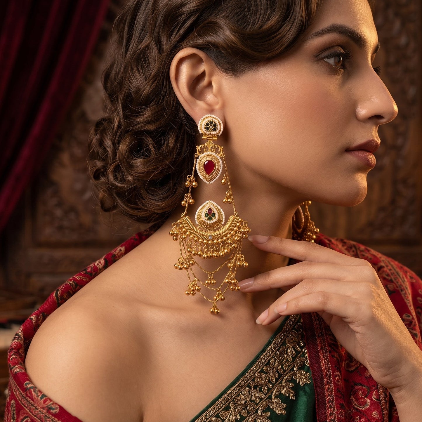 Tarika Kashmiri Brass Ghungroo Chandbali Earrings - Pink & Green