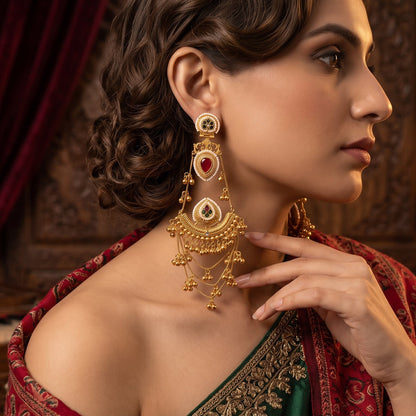 Tarika Kashmiri Brass Ghungroo Chandbali Earrings - Pink & Green