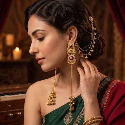 Yukti Premium Kashmiri Matte Polish Ghungroo Deatachable Sahara/Earchain Earrings - Ruby