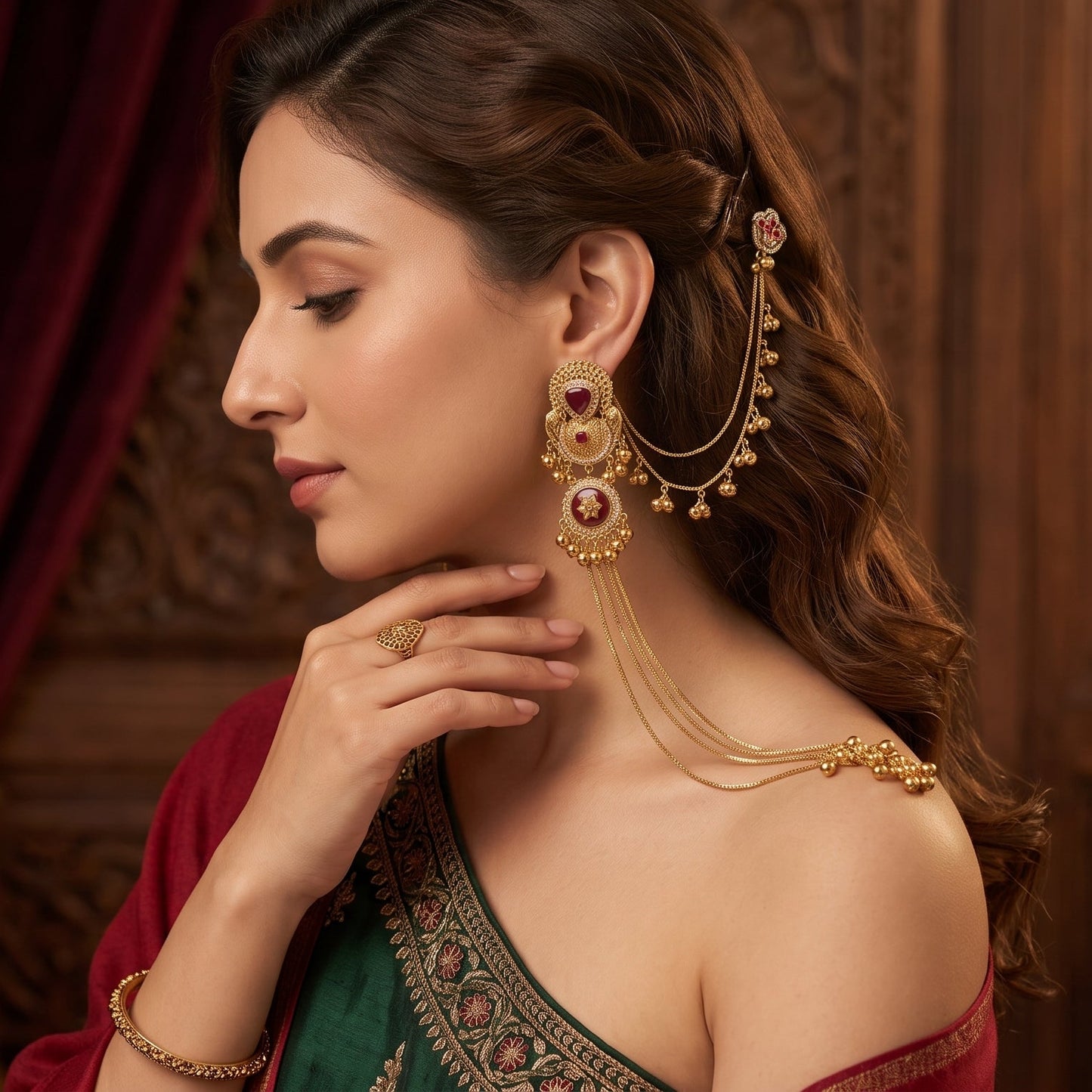 Yukti Premium Kashmiri Matte Polish Ghungroo Deatachable Sahara/Earchain Earrings - Ruby