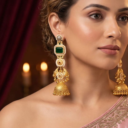 Pehal Kashmiri Brass Ghungroo Jhumka Earrings - Green