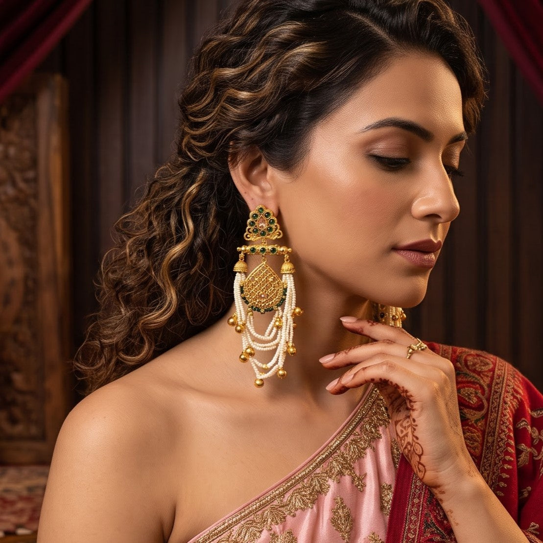 Shambhavi Premium Kashmiri Brass Pearl Chandbali Earrings - Green