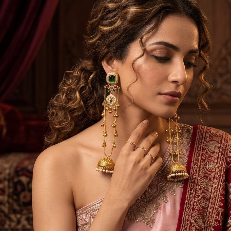 Meghana Premium Kashmiri Brass Ghungroo Jhumka Earrings - Green
