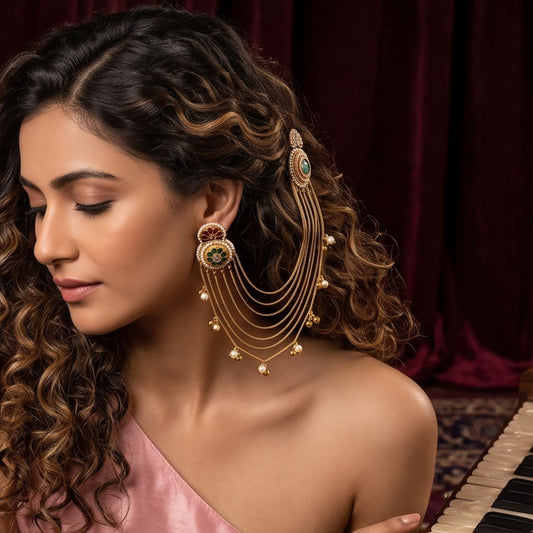 Aarunika Premium Kashmiri Brass Dejhoor Earrings with Sahara/Earchains - Pastel Green