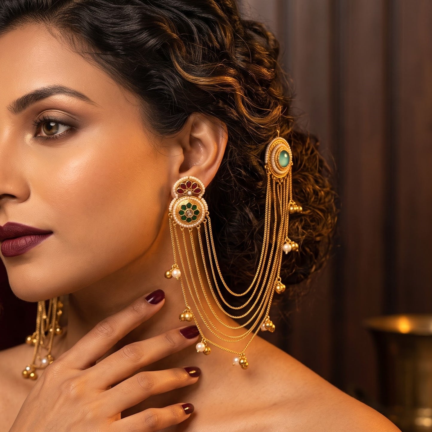 Aarunika Premium Kashmiri Brass Dejhoor Earrings with Sahara/Earchains - Pastel Green