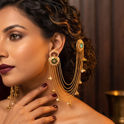 Aarunika Premium Kashmiri Brass Dejhoor Earrings with Sahara/Earchains - Pastel Green