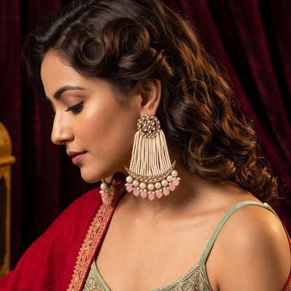 Pastel Pink Nikhat Kundan Pearl Chandbali Earrings