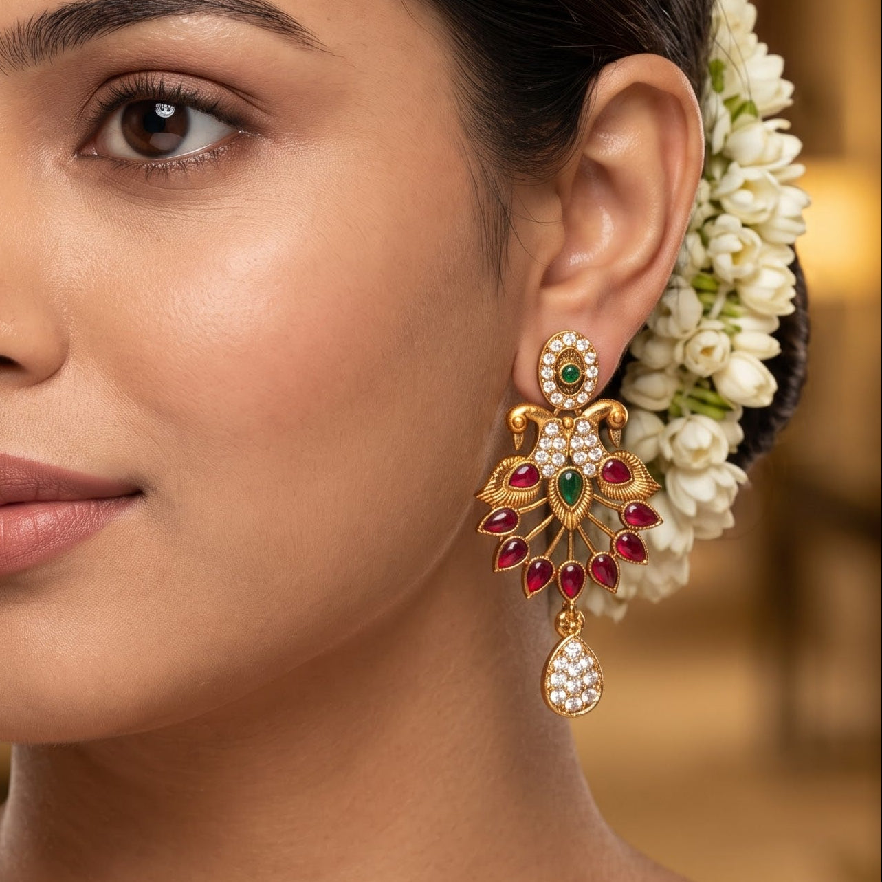 Aarna Temple premium antique gold double layer choker necklace featuring two linked tracks of concentric round green stones and a cascading bottom fringe of ruby red teardrop stones alongside matching chandelier earrings