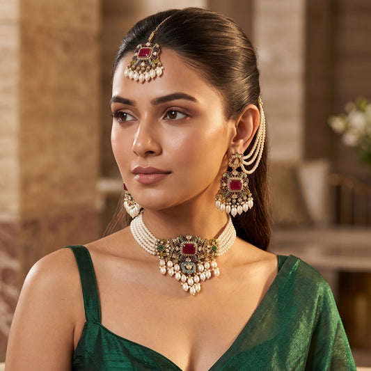 Jodha Jadau Reverse AD Necklace Set with Sahara Earrings & Teeka - Multi