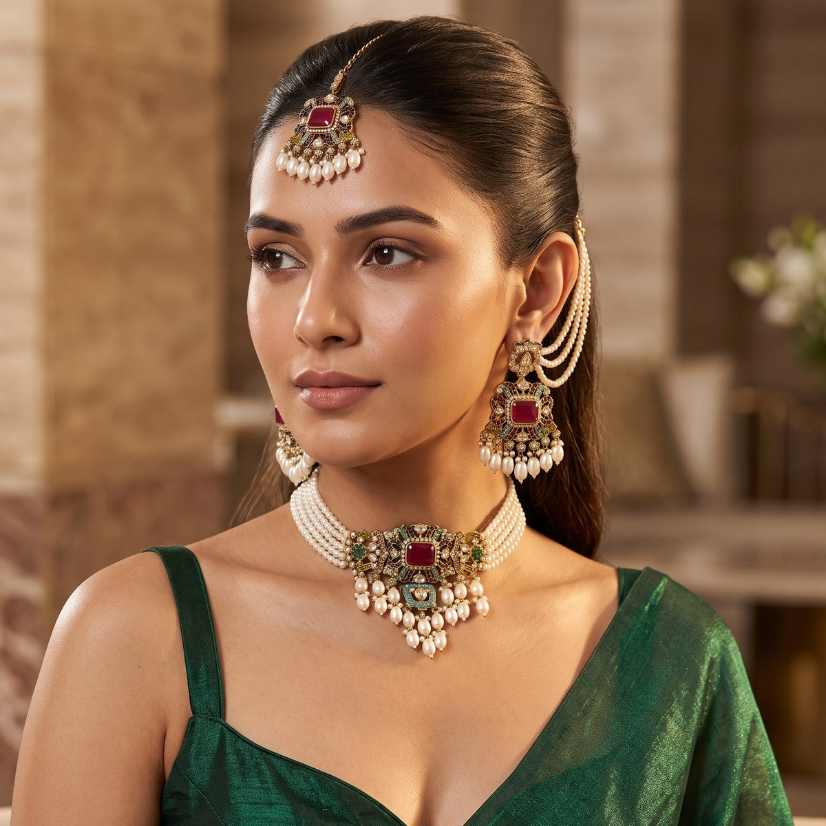 Jodha Jadau Reverse AD Necklace Set with Sahara Earrings & Teeka - Multi