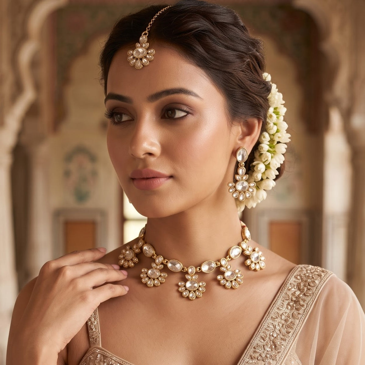Raisha premium antique gold kundan floral choker necklace set featuring a linked tracking of circular flower rosette dabi stones with central deep oval emerald green gems matching tiered drop earrings and maang tikka