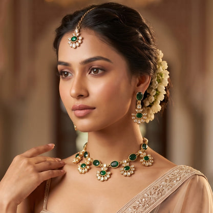 Emerald Green Raisha Floral Kundan Necklace Set