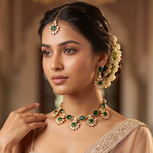 Emerald Green Raisha Floral Kundan Necklace Set
