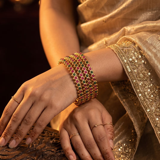 Malar Temple Gold Bangles - Pink & Green (Set of 4)