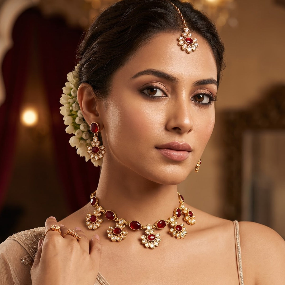 Maroon Raisha Floral Kundan Necklace Set