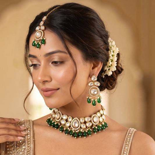 Emerald Green Sai Premium Kundan Necklace Set