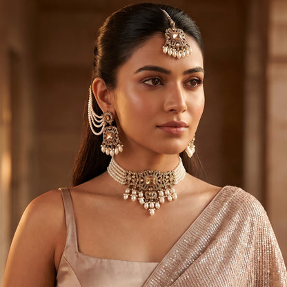 Jodha Jadau Reverse AD Necklace Set with Sahara Earrings & Teeka - Golden