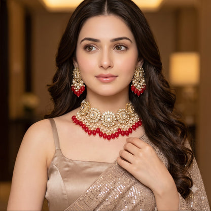 Arshi Kundan Pearl Necklace Set - Red