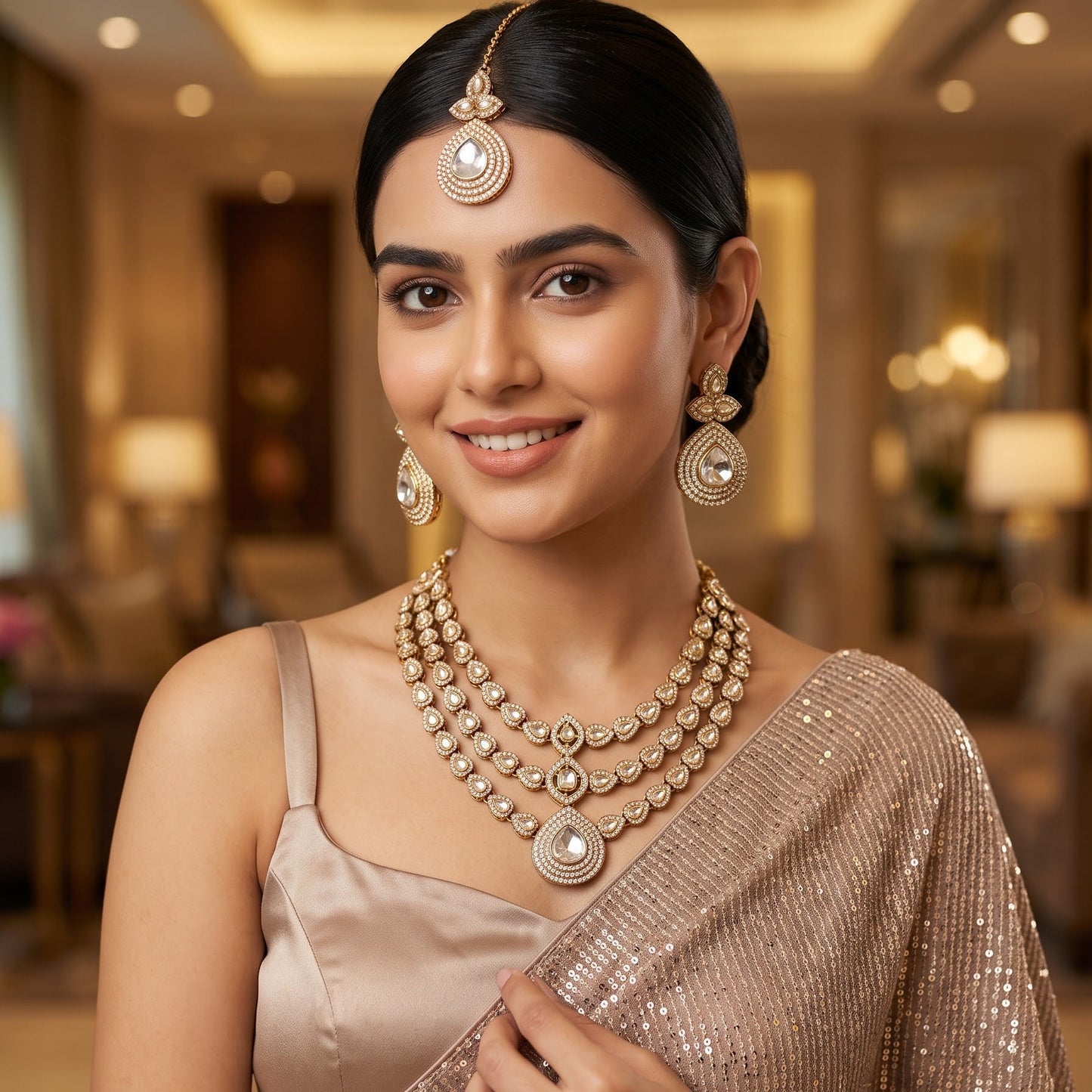 Rashmika Triple Layer Designer Zircon Polki Look Alike Necklace Set - Golden