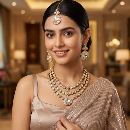 Rashmika Triple Layer Designer Zircon Polki Look Alike Necklace Set - Golden