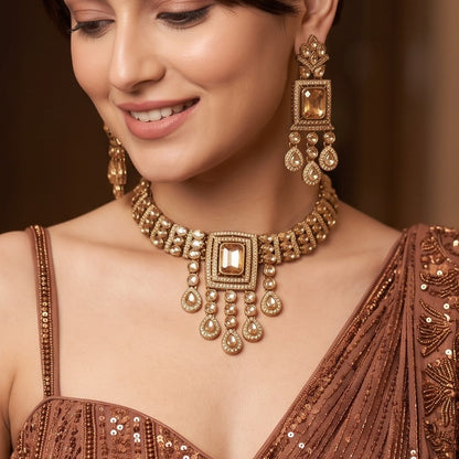 Golden Shehneel Kundan Choker Necklace Set