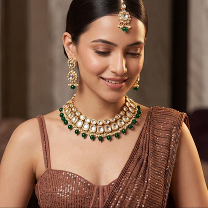 Reeti Kundan Pearl Necklace Set - Green