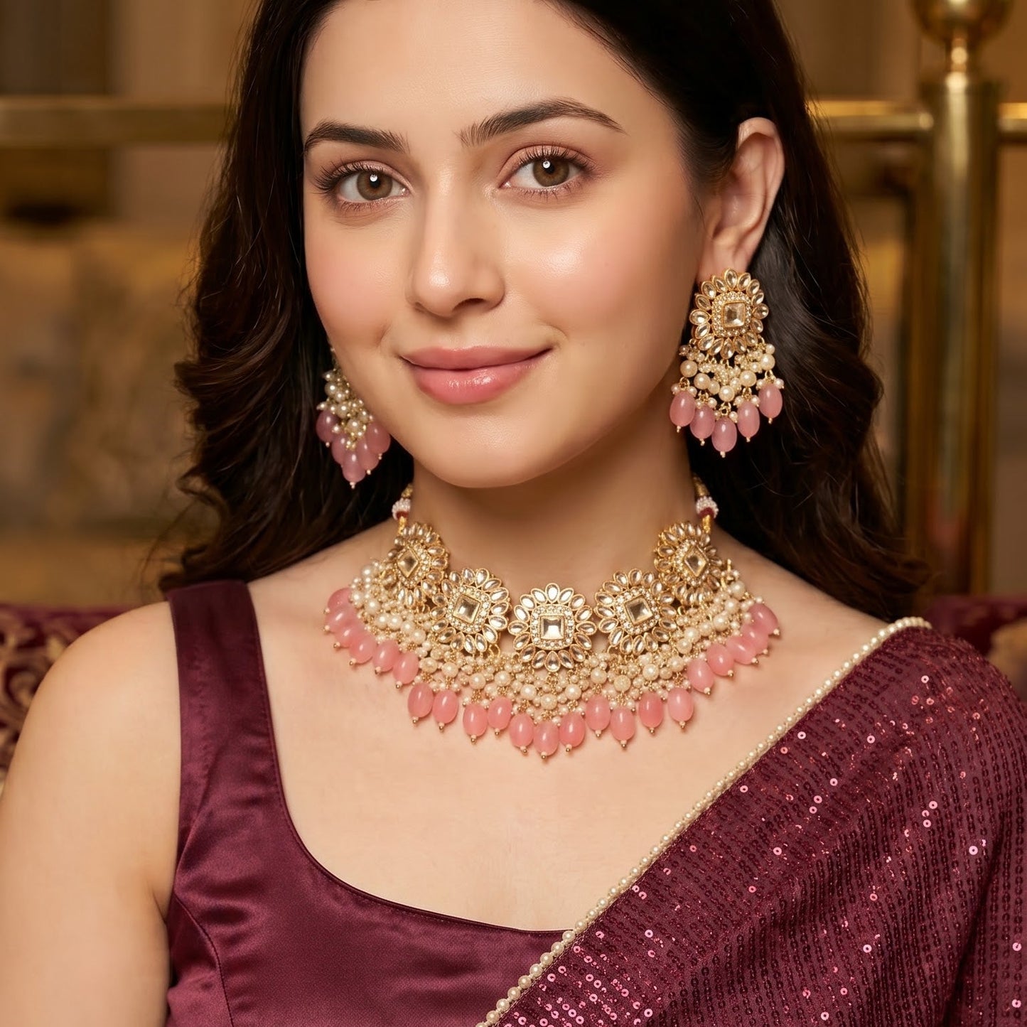Arshi Kundan Pearl Necklace Set - Blush Pink