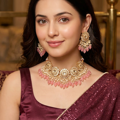 Arshi Kundan Pearl Necklace Set - Blush Pink