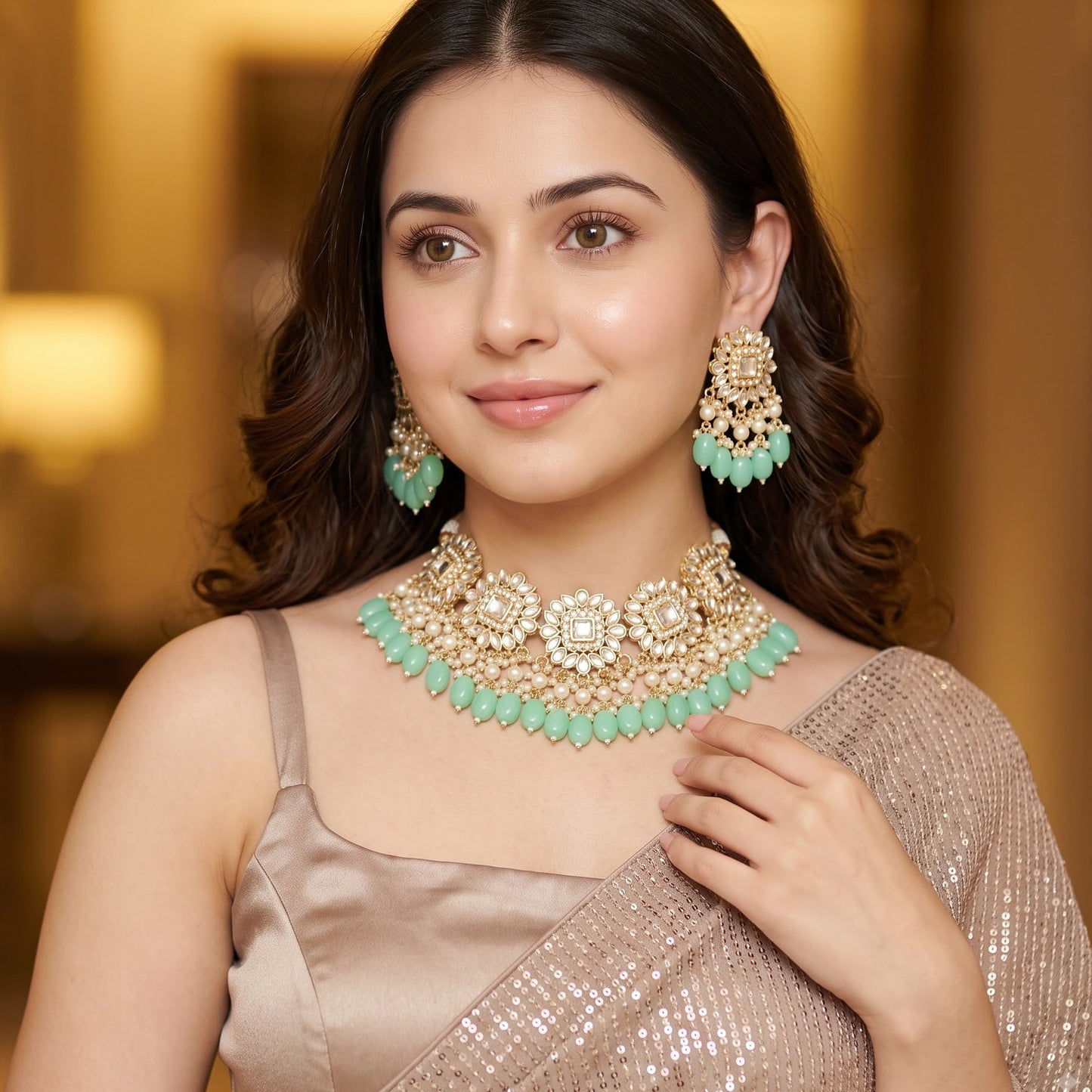 Arshi Kundan Pearl Necklace Set - Mint Green