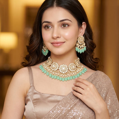 Arshi Kundan Pearl Necklace Set - Mint Green