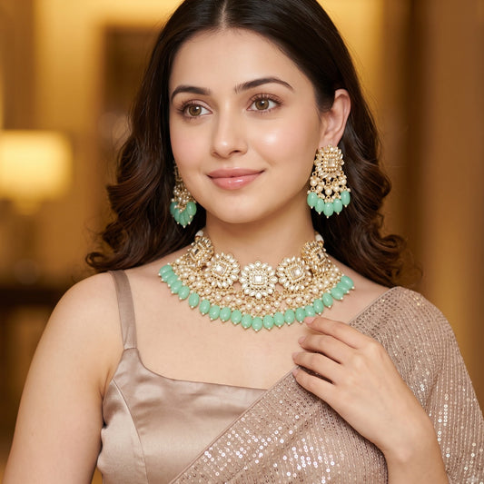 Arshi Kundan Pearl Necklace Set - Mint Green